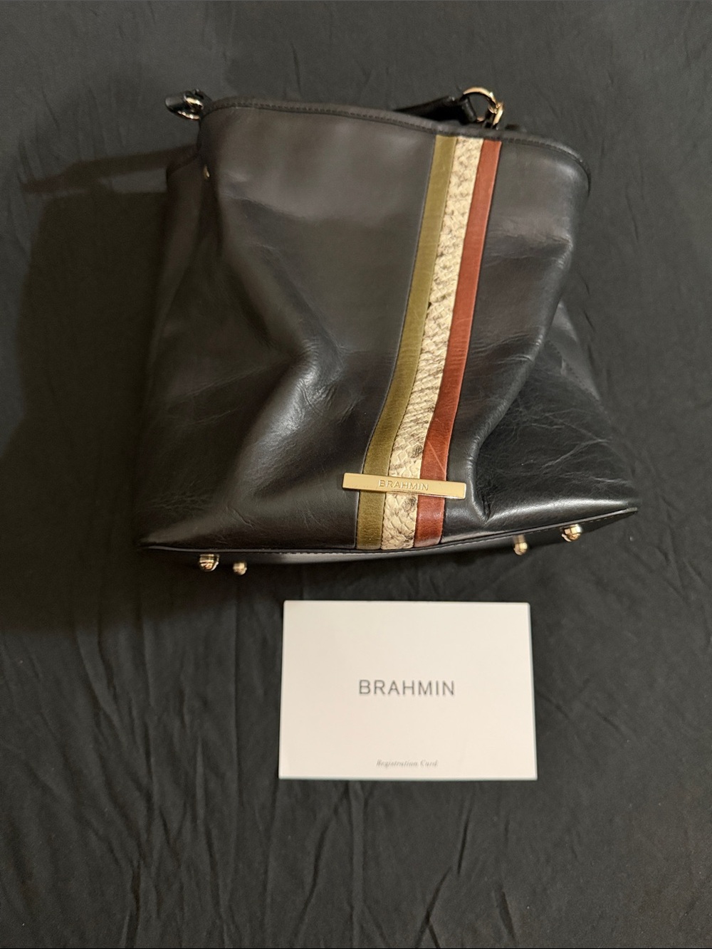 Brahmin navy blue Leather Bucket Bag with Olive, Tan & Rust Stripes